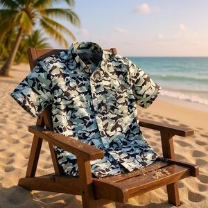 NWT- MOUNTAIN &  ISLES SHARK CAMO Men’s Size XXL UPF‎ 50 Short Sleeve Shirt